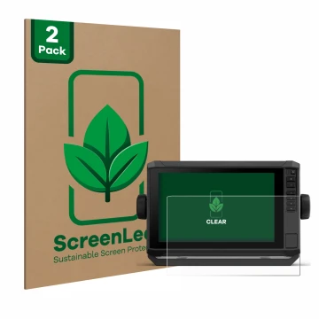 Front side of a product packaging with the brand logo ScreenLeaf. Next to it is the device Garmin ECHOMAP UHD2 9