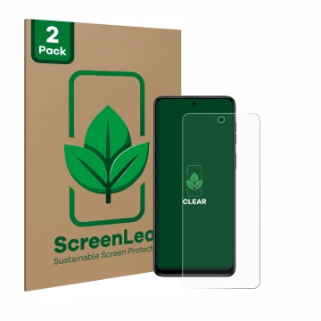 Front side of a product packaging with the brand logo ScreenLeaf. Next to it is the device Motorola Moto G54 shown with the co