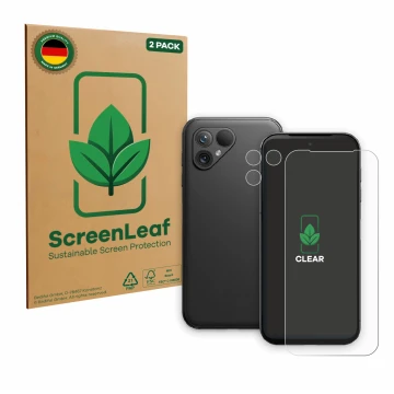Front side of a product packaging with the brand logo ScreenLeaf. Next to it is the device Fairphone 5 (Front+Camera) shown wi