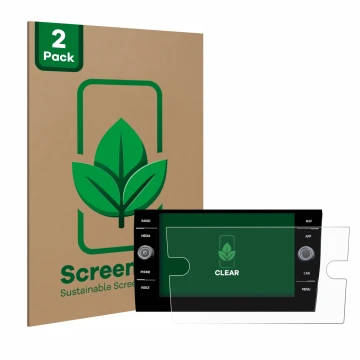 Front side of a product packaging with the brand logo ScreenLeaf. Next to it is the device Volkswagen Taigo Discover Media 8” 