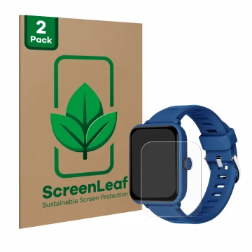 Front side of a product packaging with the brand logo ScreenLeaf. Next to it is the device Biggerfive BW01 1.5