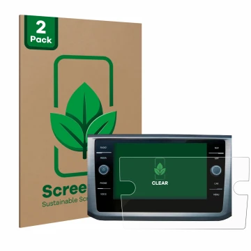 Front side of a product packaging with the brand logo ScreenLeaf. Next to it is the device Volkswagen Passat B8 Discover Media