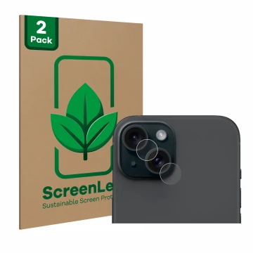 Front side of a product packaging with the brand logo ScreenLeaf. Next to it is the device Apple iPhone 15 (ONLY Camera Lens) 
