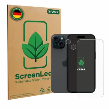 Front side of a product packaging with the brand logo ScreenLeaf. Next to it is the device Apple iPhone 15 (Front+Camera) show