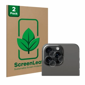 Front side of a product packaging with the brand logo ScreenLeaf. Next to it is the device Apple iPhone 15 Pro Max (ONLY Camer