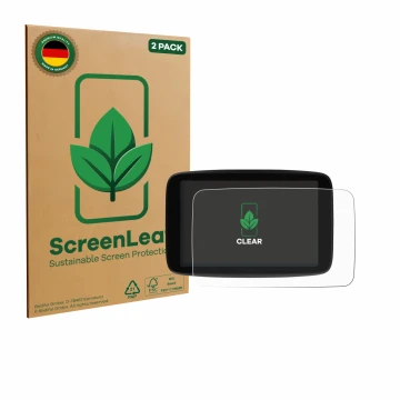 Front side of a product packaging with the brand logo ScreenLeaf. Next to it is the device TomTom GO Superior 7