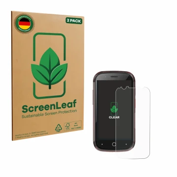 Front side of a product packaging with the brand logo ScreenLeaf. Next to it is the device Unihertz Jelly Star shown with the 
