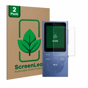 Front side of a product packaging with the brand logo ScreenLeaf. Next to it is the device Sony Walkman NW-E394 shown with the