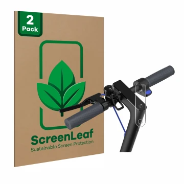 Front side of a product packaging with the brand logo ScreenLeaf. Next to it is the device Xiaomi Mi 4 E-Scooter shown with th