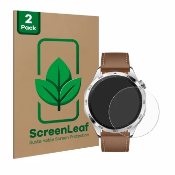 Front side of a product packaging with the brand logo ScreenLeaf. Next to it is the device Huawei Watch GT 4 (46mm) shown with