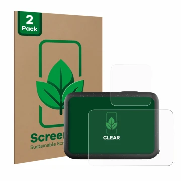 Front side of a product packaging with the brand logo ScreenLeaf. Next to it is the device GoPro Hero 12 Black shown with the 