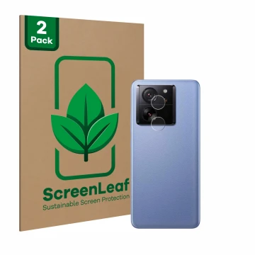 Front side of a product packaging with the brand logo ScreenLeaf. Next to it is the device Xiaomi 13T Pro (ONLY Camera Lens) s