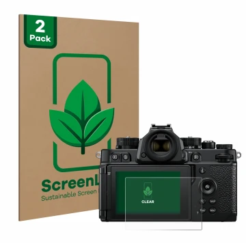 Front side of a product packaging with the brand logo ScreenLeaf. Next to it is the device Nikon Z F shown with the correspond