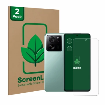 Front side of a product packaging with the brand logo ScreenLeaf. Next to it is the device Xiaomi 13T Pro (Front+Camera) shown