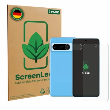 Front side of a product packaging with the brand logo ScreenLeaf. Next to it is the device Google Pixel 8 Pro (Front+Camera) s