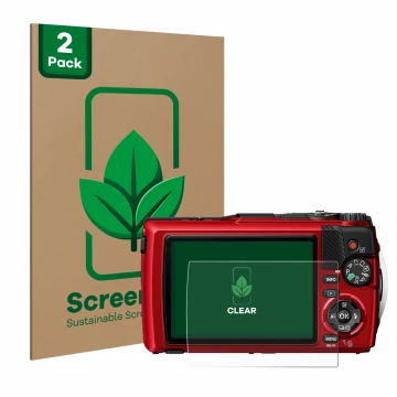 Front side of a product packaging with the brand logo ScreenLeaf. Next to it is the device Olympus OM System Tough TG-7 shown 