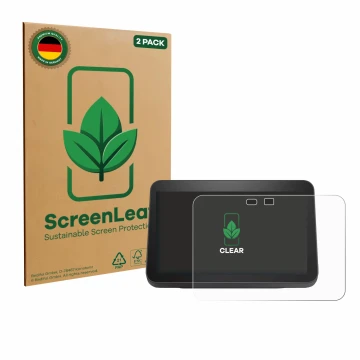 Front side of a product packaging with the brand logo ScreenLeaf. Next to it is the device Amazon Echo Show 8 2023 (3th Gen.) 