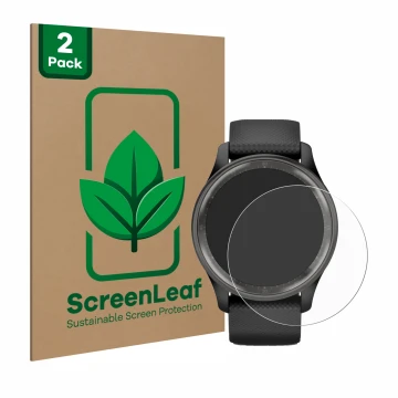 Front side of a product packaging with the brand logo ScreenLeaf. Next to it is the device Garmin Vivomove Trend shown with th