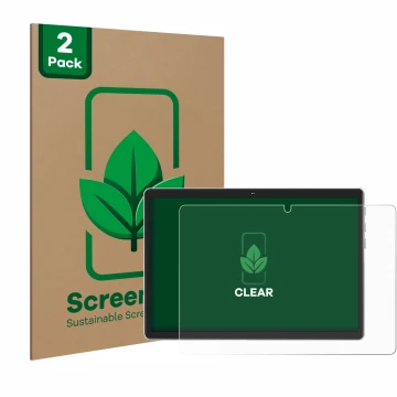 Front side of a product packaging with the brand logo ScreenLeaf. Next to it is the device Facetel Q6 shown with the correspon