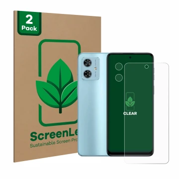 Front side of a product packaging with the brand logo ScreenLeaf. Next to it is the device Motorola Moto G54 (Front+Camera) sh