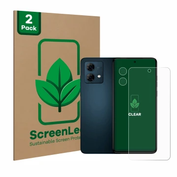 Front side of a product packaging with the brand logo ScreenLeaf. Next to it is the device Motorola Moto G84 (Front+Camera) sh