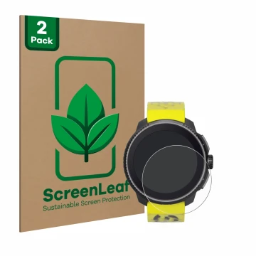Front side of a product packaging with the brand logo ScreenLeaf. Next to it is the device Suunto Race shown with the correspo