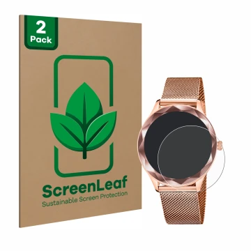 Front side of a product packaging with the brand logo ScreenLeaf. Next to it is the device Lotus SMARTIME 50036/1 shown with t