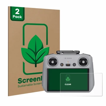Front side of a product packaging with the brand logo ScreenLeaf. Next to it is the device DJI RC 2 shown with the correspondi