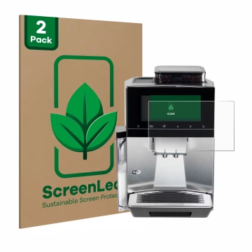 Front side of a product packaging with the brand logo ScreenLeaf. Next to it is the device Siemens EQ900 TQ903D03 shown with t