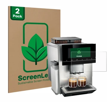 Front side of a product packaging with the brand logo ScreenLeaf. Next to it is the device Siemens EQ900 TQ907D03 shown with t