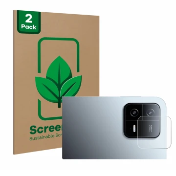 Front side of a product packaging with the brand logo ScreenLeaf. Next to it is the device Xiaomi Pad 6 (ONLY Camera Lens) sho