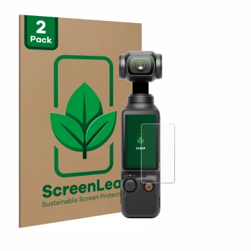 Front side of a product packaging with the brand logo ScreenLeaf. Next to it is the device DJI Osmo Pocket 3 shown with the co