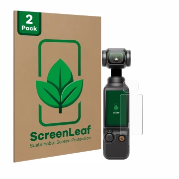 Front side of a product packaging with the brand logo ScreenLeaf. Next to it is the device DJI Osmo Pocket 3 (Display + Lens) 