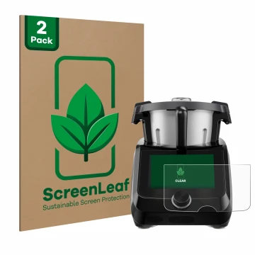 Front side of a product packaging with the brand logo ScreenLeaf. Next to it is the device SilverCrest Monsieur Cuisine Smart 