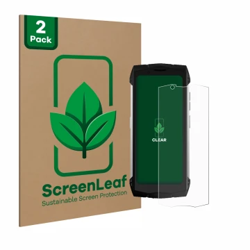 Front side of a product packaging with the brand logo ScreenLeaf. Next to it is the device Doogee S Mini shown with the corres