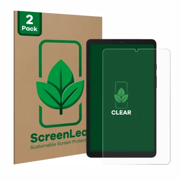 Front side of a product packaging with the brand logo ScreenLeaf. Next to it is the device Samsung Galaxy Tab A9 LTE shown wit