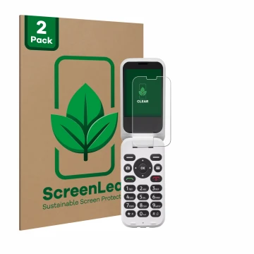 Front side of a product packaging with the brand logo ScreenLeaf. Next to it is the device Doro 6820 shown with the correspond