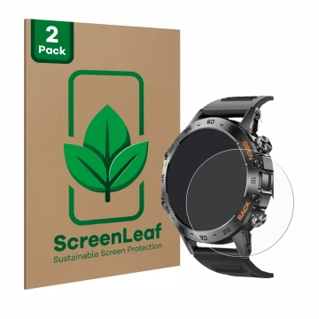 Front side of a product packaging with the brand logo ScreenLeaf. Next to it is the device Lemfo Smartwatch 1.39