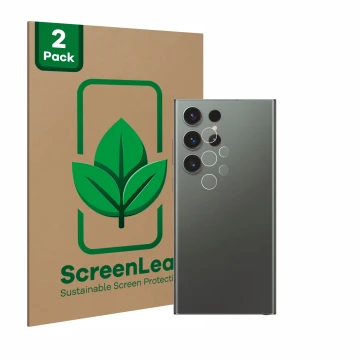 Front side of a product packaging with the brand logo ScreenLeaf. Next to it is the device Samsung Galaxy S23 Ultra Enterprise