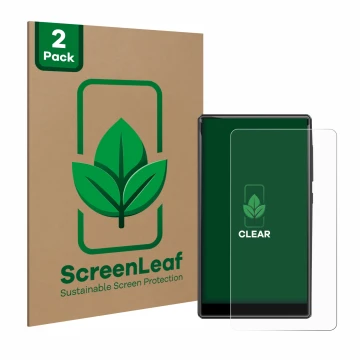 Front side of a product packaging with the brand logo ScreenLeaf. Next to it is the device innioasis G1-80G shown with the cor