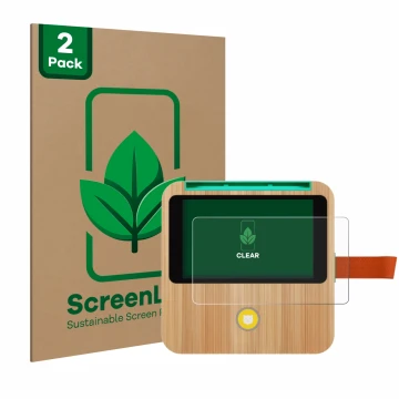 Front side of a product packaging with the brand logo ScreenLeaf. Next to it is the device tigerbox Touch Plus shown with the 