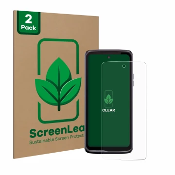 Front side of a product packaging with the brand logo ScreenLeaf. Next to it is the device Crosscall Stellar X5 shown with the