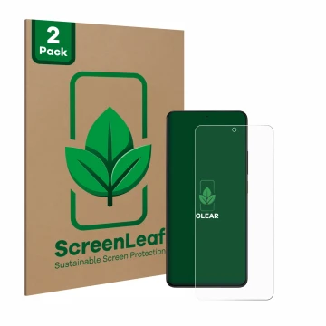 Front side of a product packaging with the brand logo ScreenLeaf. Next to it is the device Xiaomi Poco X6 Pro shown with the c