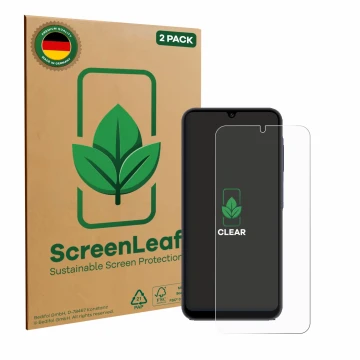 Front side of a product packaging with the brand logo ScreenLeaf. Next to it is the device Samsung Galaxy A25 5G shown with th