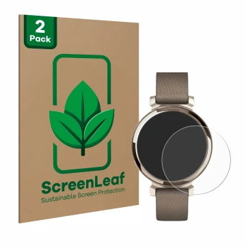 Front side of a product packaging with the brand logo ScreenLeaf. Next to it is the device Garmin Lily 2 shown with the corres