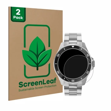 Front side of a product packaging with the brand logo ScreenLeaf. Next to it is the device Withings ScanWatch Nova (42 mm) sho