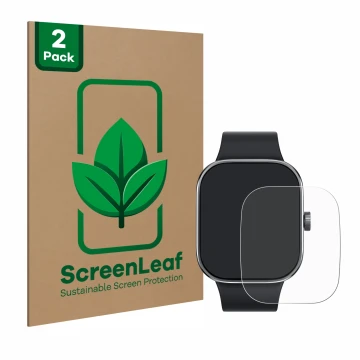 Front side of a product packaging with the brand logo ScreenLeaf. Next to it is the device Xiaomi Redmi Watch 4 shown with the