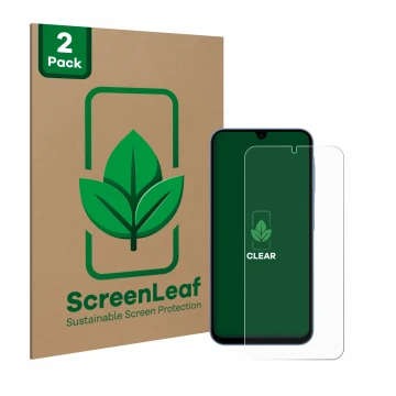 Front side of a product packaging with the brand logo ScreenLeaf. Next to it is the device Samsung Galaxy A15 shown with the c
