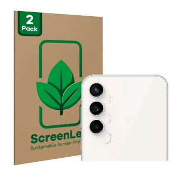 Front side of a product packaging with the brand logo ScreenLeaf. Next to it is the device Samsung Galaxy S23 FE (ONLY Camera 