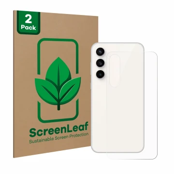 Front side of a product packaging with the brand logo ScreenLeaf. Next to it is the device Samsung Galaxy S23 FE (Back) shown 